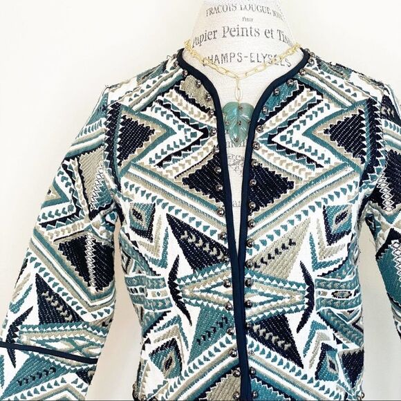 TOPSHOP Green Geometric Print Blazer Jacket US 4 - Picture 5 of 8